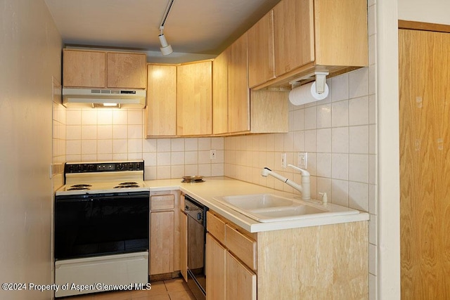 kitchen with dishwasher, light brown cabinets, sink, and electric stove