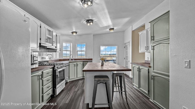 160 Mustang Mesa Trl, Rifle, CO 81650 - kitchen featuring appliances with stainless steel finishes, butcher block countertops, a center island, dark wood-type flooring, and a textured ceiling