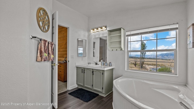 160 Mustang Mesa Trl, Rifle, CO 81650 - full bathroom featuring wood finished floors, vanity, a garden tub, and plenty of natural light