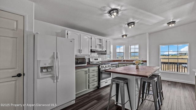 160 Mustang Mesa Trl, Rifle, CO 81650 - kitchen with appliances with stainless steel finishes, wood counters, under cabinet range hood, dark wood finished floors, and a textured ceiling