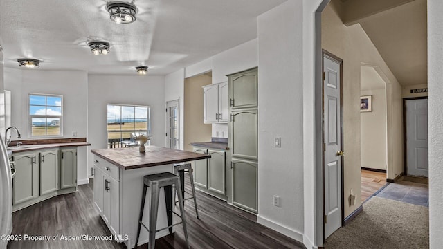 160 Mustang Mesa Trl, Rifle, CO 81650 - kitchen featuring wooden counters, a center island, a breakfast bar, and dark wood-style floors