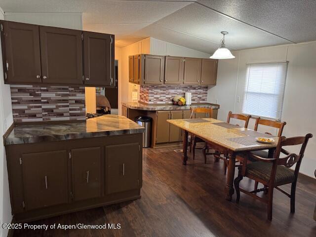 kitchen featuring decorative backsplash, lofted ceiling, pendant lighting, and dark wood-style floors