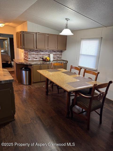 dining room with lofted ceiling, a textured ceiling, and dark wood-style flooring