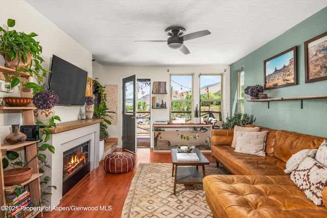 106 Lakeside Ct, Basalt, CO 81621 - living area featuring a ceiling fan, wood finished floors, and a glass covered fireplace