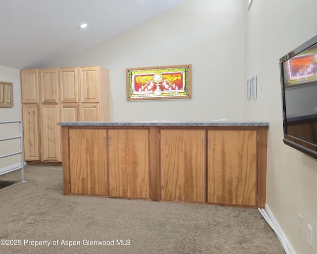 175 Midland Ave Unit 4, Basalt, CO 81621 - kitchen featuring lofted ceiling, carpet flooring, recessed lighting, and light brown cabinetry