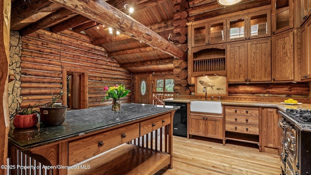153 Peachblow Rd, Basalt, CO 81621 - kitchen with black dishwasher, a sink, wood ceiling, rustic walls, and light wood finished floors