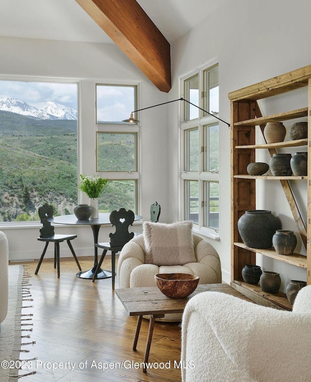 interior space with beam ceiling, a mountain view, and hardwood / wood-style floors