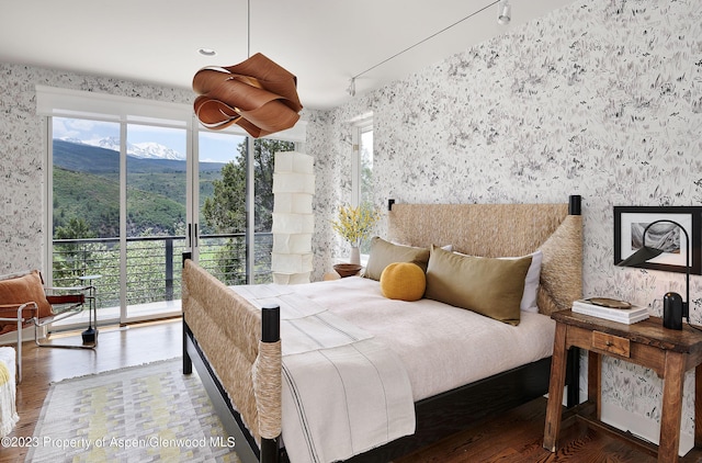 bedroom with hardwood / wood-style flooring, a mountain view, access to outside, and track lighting