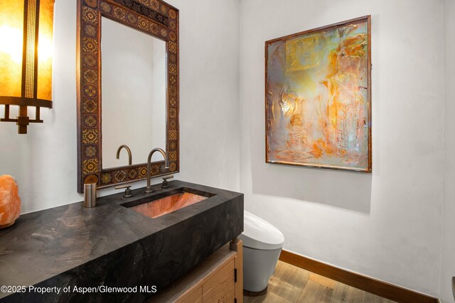2701 County Rd 100, Carbondale, CO 81623 - bathroom featuring toilet, vanity, wood finished floors, and baseboards