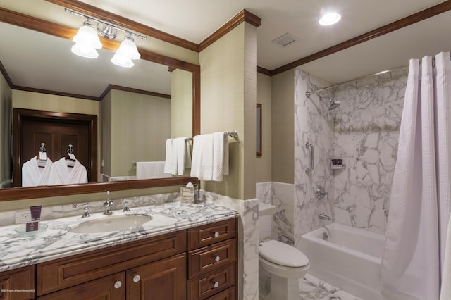 full bathroom with shower / bathtub combination with curtain, toilet, vanity, tile walls, and ornamental molding