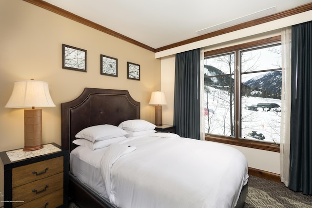 bedroom featuring a mountain view and ornamental molding