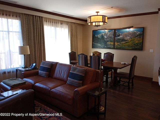 living room featuring ornamental molding, a wealth of natural light, and dark wood-type flooring