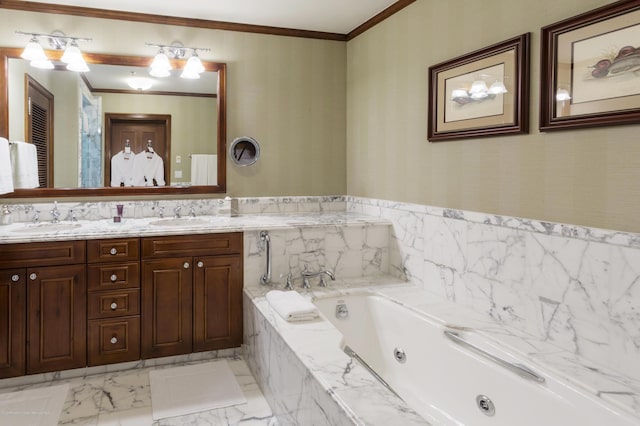 bathroom with vanity, tiled bath, and ornamental molding