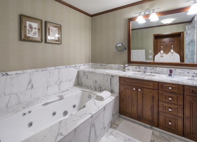 bathroom featuring vanity, a relaxing tiled tub, and crown molding