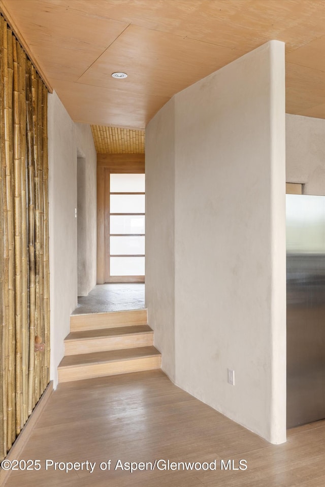 515 Park Cir, Aspen, CO 81611 - staircase with wood finished floors and wooden ceiling
