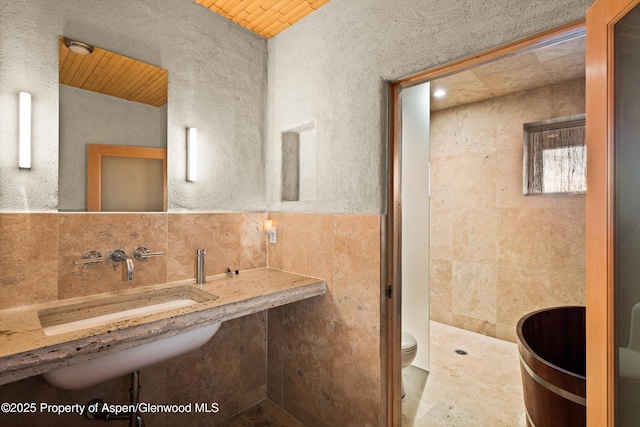 515 Park Cir, Aspen, CO 81611 - bathroom featuring toilet, wood ceiling, a textured wall, decorative backsplash, and a sink