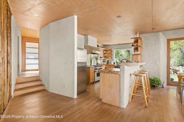 515 Park Cir, Aspen, CO 81611 - kitchen featuring open shelves, light wood-style floors, a kitchen breakfast bar, appliances with stainless steel finishes, and light countertops