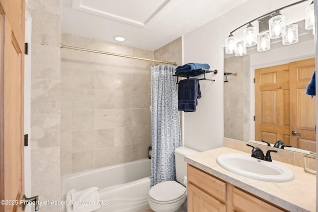 full bathroom with toilet, shower / bathtub combination with curtain, and vanity