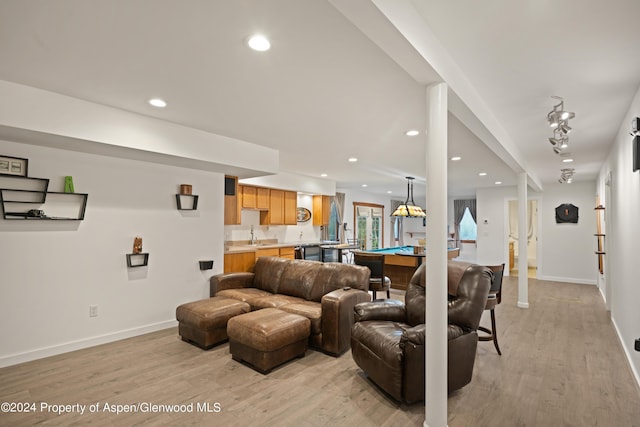 living room with light hardwood / wood-style flooring and billiards