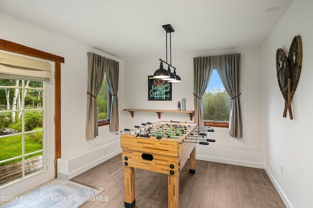 game room with hardwood / wood-style floors