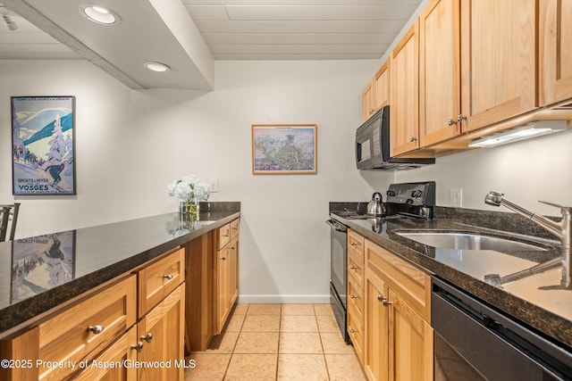 131 E Durant Ave Unit 104, Aspen, CO 81611 - kitchen featuring electric range, dishwasher, baseboards, dark stone countertops, and recessed lighting