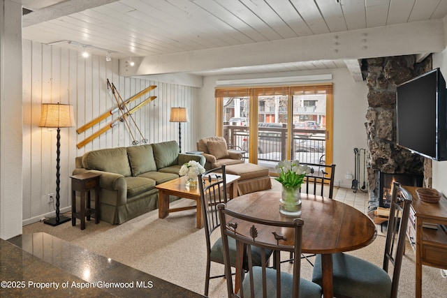 131 E Durant Ave Unit 104, Aspen, CO 81611 - living area featuring a stone fireplace, track lighting, baseboards, and wood ceiling
