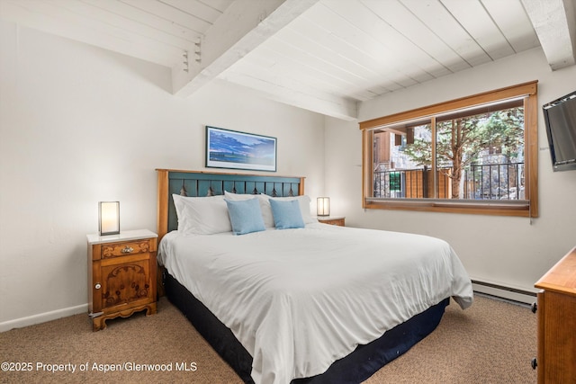 131 E Durant Ave Unit 104, Aspen, CO 81611 - bedroom featuring baseboard heating, carpet flooring, wood ceiling with exposed beams, and baseboards