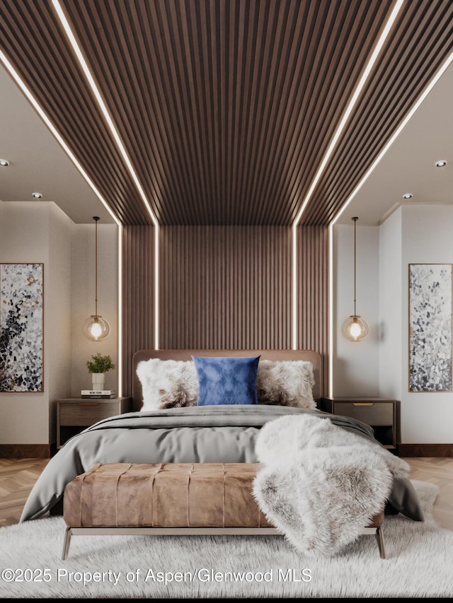 bedroom featuring light parquet floors