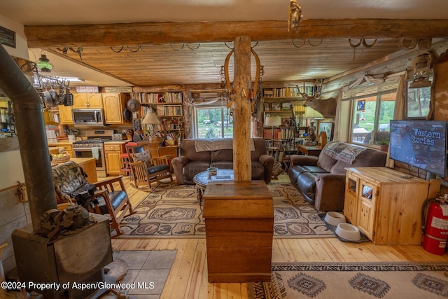 living room featuring beamed ceiling, light wood-type flooring, and wooden ceiling