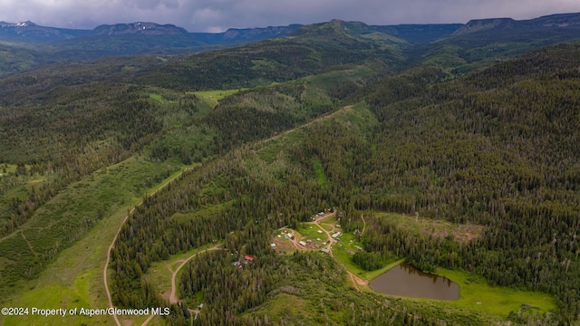 bird's eye view with a water and mountain view