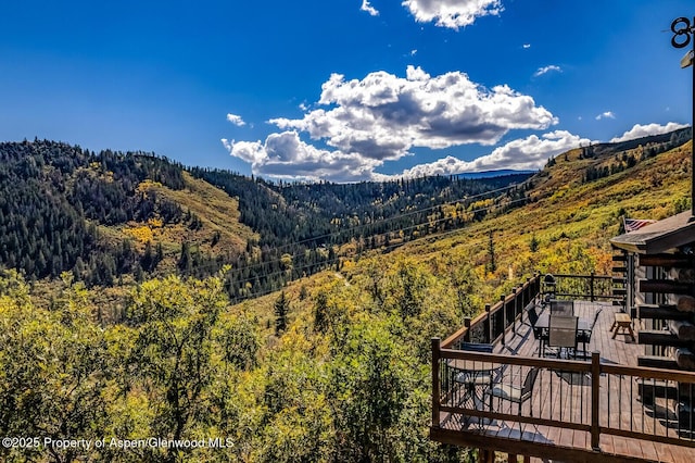 property view of mountains featuring a forest view