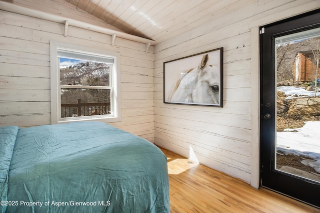 bedroom featuring wood walls, wooden ceiling, and wood finished floors