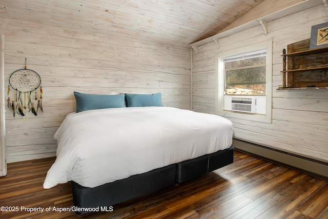 bedroom with lofted ceiling, wooden ceiling, dark wood-type flooring, wood walls, and baseboard heating