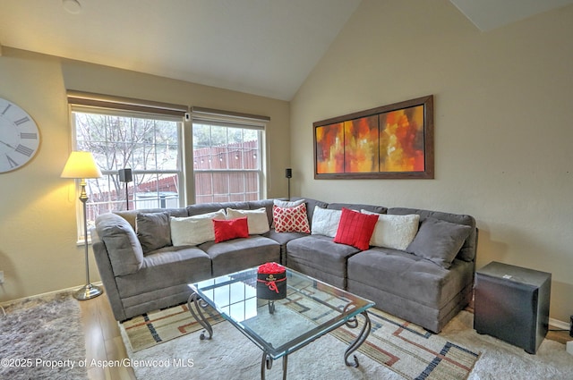 living area featuring lofted ceiling, baseboards, and wood finished floors