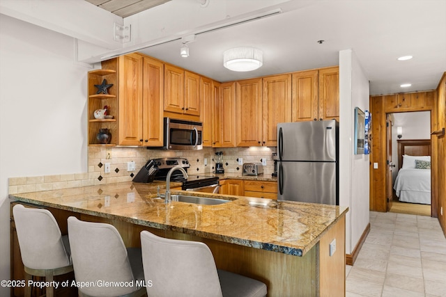 610 S W End St Unit H202, Aspen, CO 81611 - kitchen featuring stainless steel appliances, a peninsula, decorative backsplash, and light stone countertops