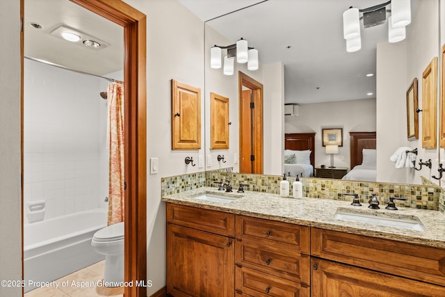 610 S W End St Unit H202, Aspen, CO 81611 - ensuite bathroom featuring decorative backsplash, double vanity, tile patterned flooring, and shower / tub combo