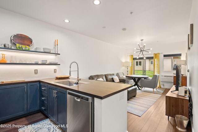 1400 E Valley Rd Unit 110, Basalt, CO 81621 - kitchen featuring dishwasher, a sink, blue cabinetry, a peninsula, and open shelves