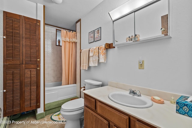 full bathroom featuring tile patterned flooring, vanity, toilet, and shower / bath combo with shower curtain