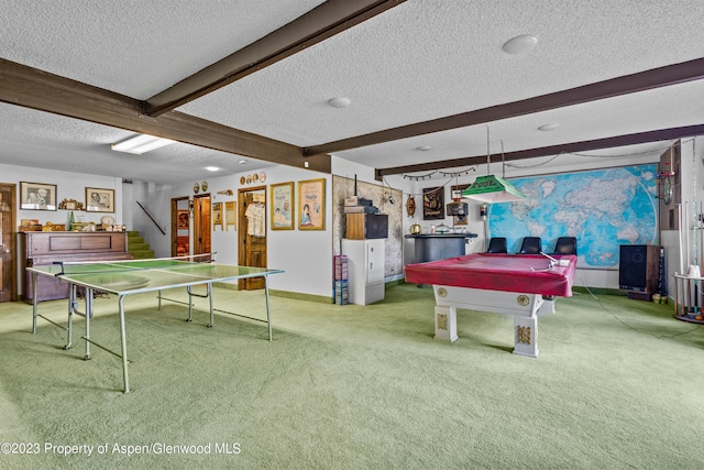 playroom with beam ceiling, carpet floors, a textured ceiling, and billiards