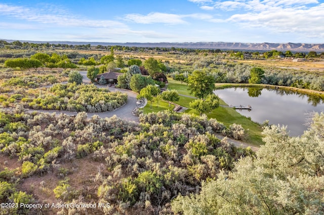 bird's eye view with a water and mountain view