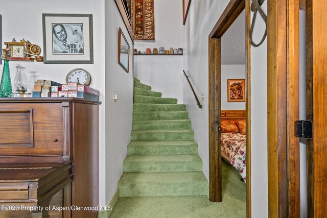 staircase featuring carpet floors and a textured ceiling