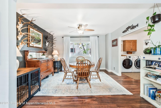 235 W 8th St, Craig, CO 81625 - dining space featuring separate washer and dryer, wood finished floors, ceiling fan, and baseboards