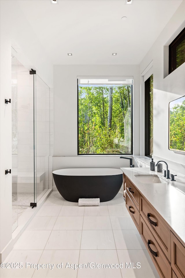 1234 Wood Rd, Snowmass Village, CO 81615 - bathroom with double vanity, a soaking tub, a stall shower, and recessed lighting