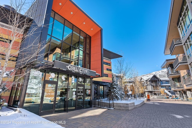 view of snow covered building