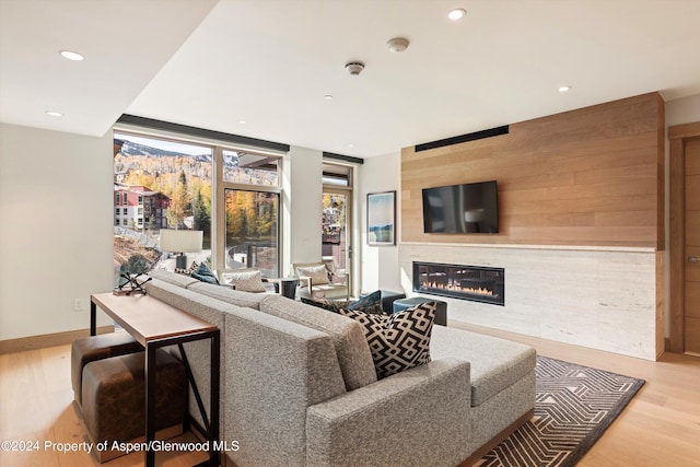 living room featuring light hardwood / wood-style floors and a wall of windows