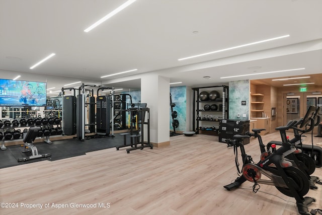 workout area featuring hardwood / wood-style flooring