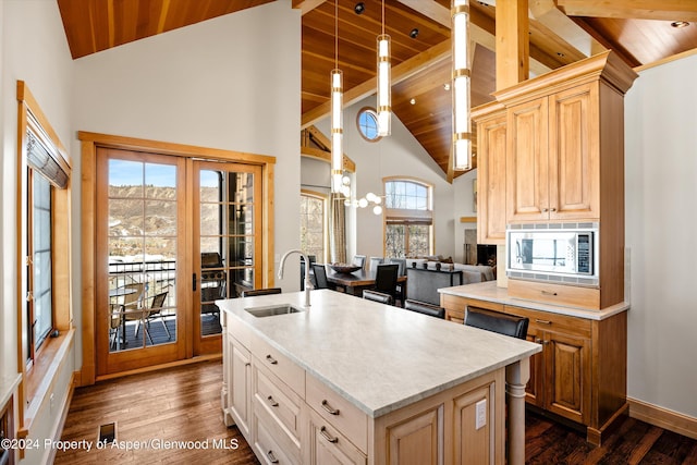 kitchen featuring stainless steel microwave, sink, hanging light fixtures, a kitchen island with sink, and wood ceiling