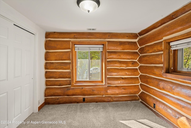 empty room with carpet floors and rustic walls