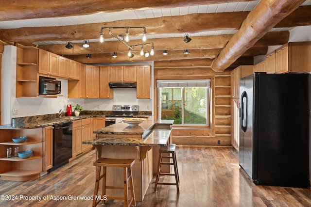 kitchen with log walls, wooden ceiling, beamed ceiling, and black appliances