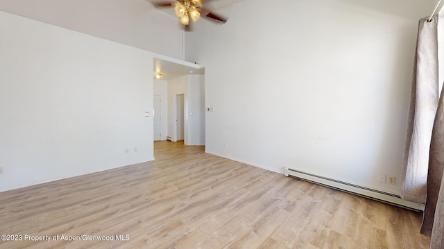 empty room featuring light wood-type flooring, baseboard heating, and ceiling fan